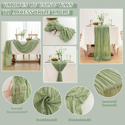 Cheesecloth Table Runner - 10 Ft Boho Rustic Sheer Gauze for Centerpiece Decor | Sage Green