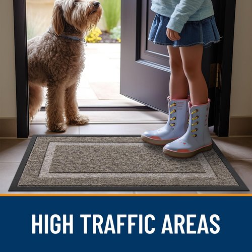OLANLY Front Door Mat Indoor Outdoor Entrance, Waterproof All-Season, All-Weather Doormat, Sturdy Natural Rubber, Low Profile, Easy Clean Patio Porch Entryway Mat, 29.5x17, Khaki and White