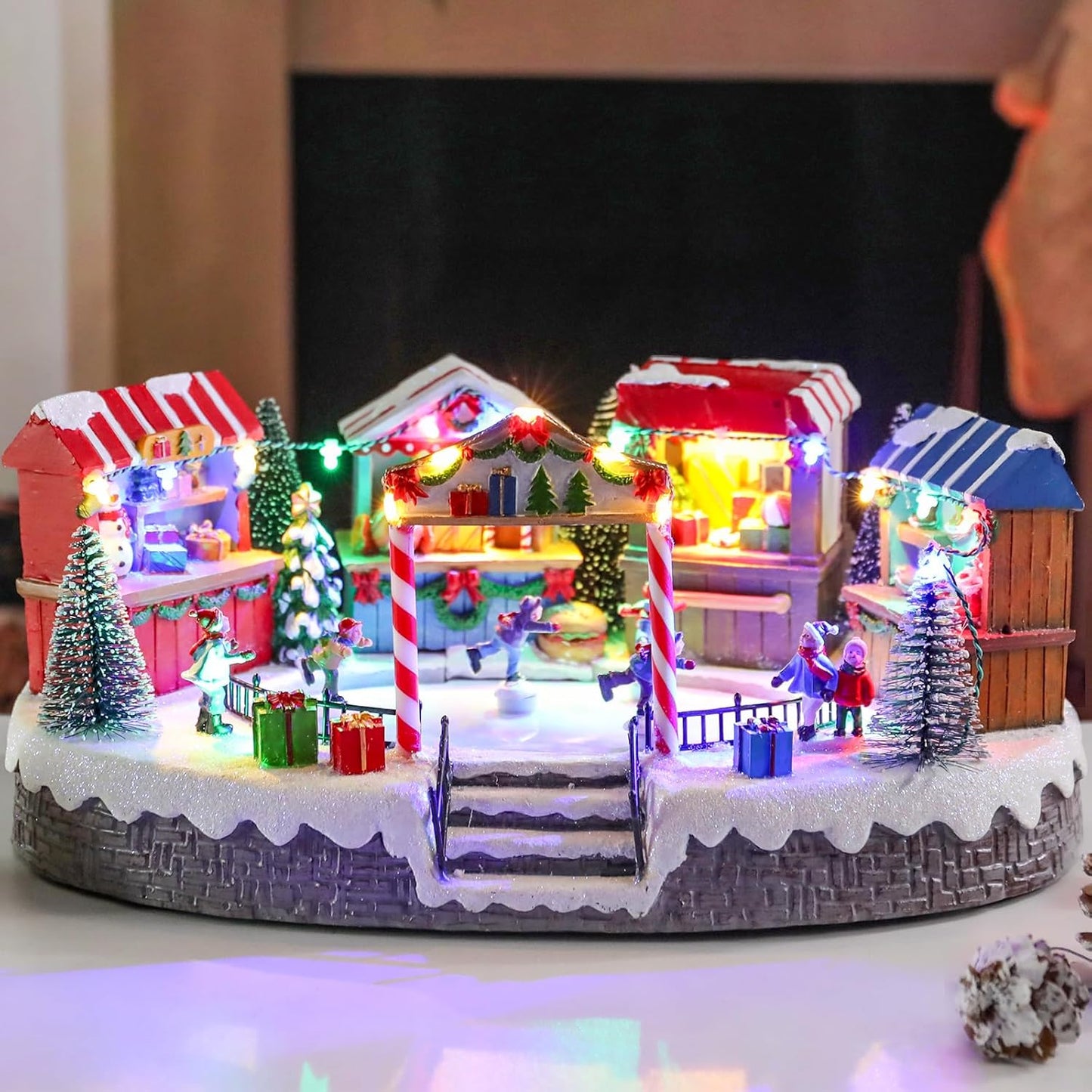 Bdor Christmas Market Village Scene - LED Lights & Musical Animation | 8.3 x 5.9 x 5.9 Inches Holiday Décor