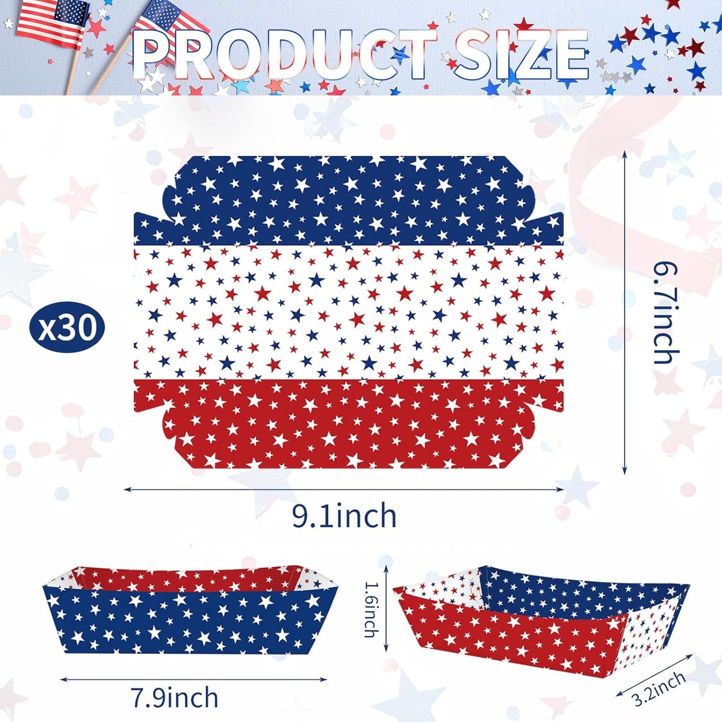 Red, White & Blue Star Food Trays by [Brand Name] - 30 Pack Disposable Paper Serving Boats for Snacks & Parties