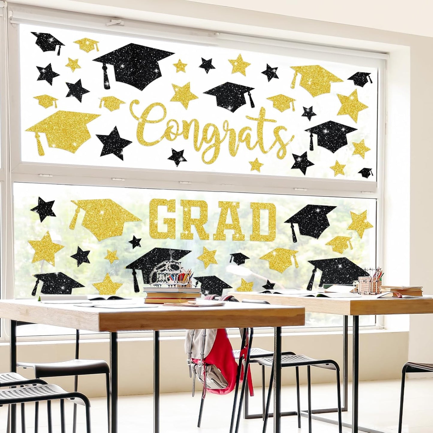 Whaline Glitter Graduation Window Clings - Double-Sided Black & Gold Grad Hat & Star Decor | 6 Sheets