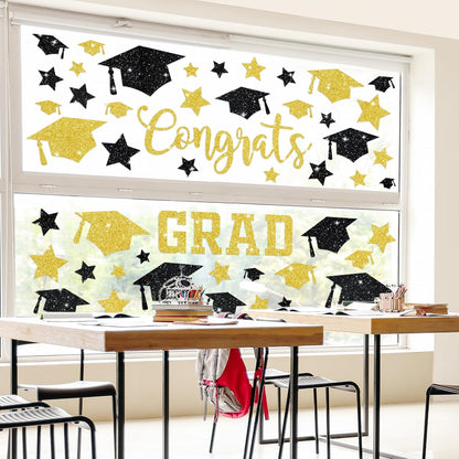 Whaline Glitter Graduation Window Clings - Double-Sided Black & Gold Grad Hat & Star Decor | 6 Sheets