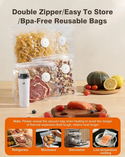 Chef’s Design Vacuum Sealer - Compact Handheld Food Preserver with 30 Reusable Bags | Professional-Grade Pebble