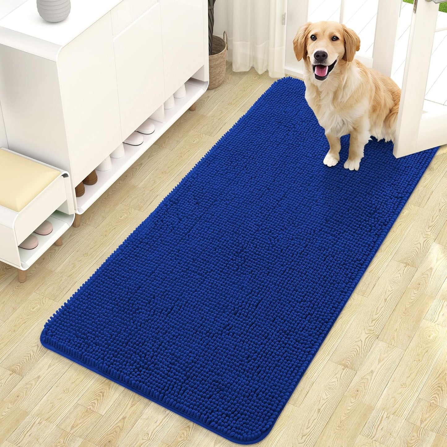 OLANLY Dog Door Mat - Absorbent Non-Slip Chenille Mat for Muddy Paws | 47x24 Royal Blue Indoor Carpet