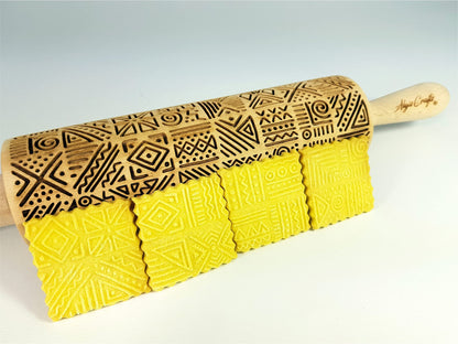 AFRICA Embossing Rolling Pin Dogh Roller with Tribal Pattern for Embossed Cookies and Pottery by Algis Crafts