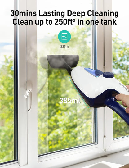 Skiennix 12-in-1 Steam Mop - Fast 15-Sec Heat-Up, 1500W Handheld Cleaner with 2 Dirt Grip Pads | Removes 99.99% Stains on Floors, Clothes, Windows, Tiles, Furniture - White