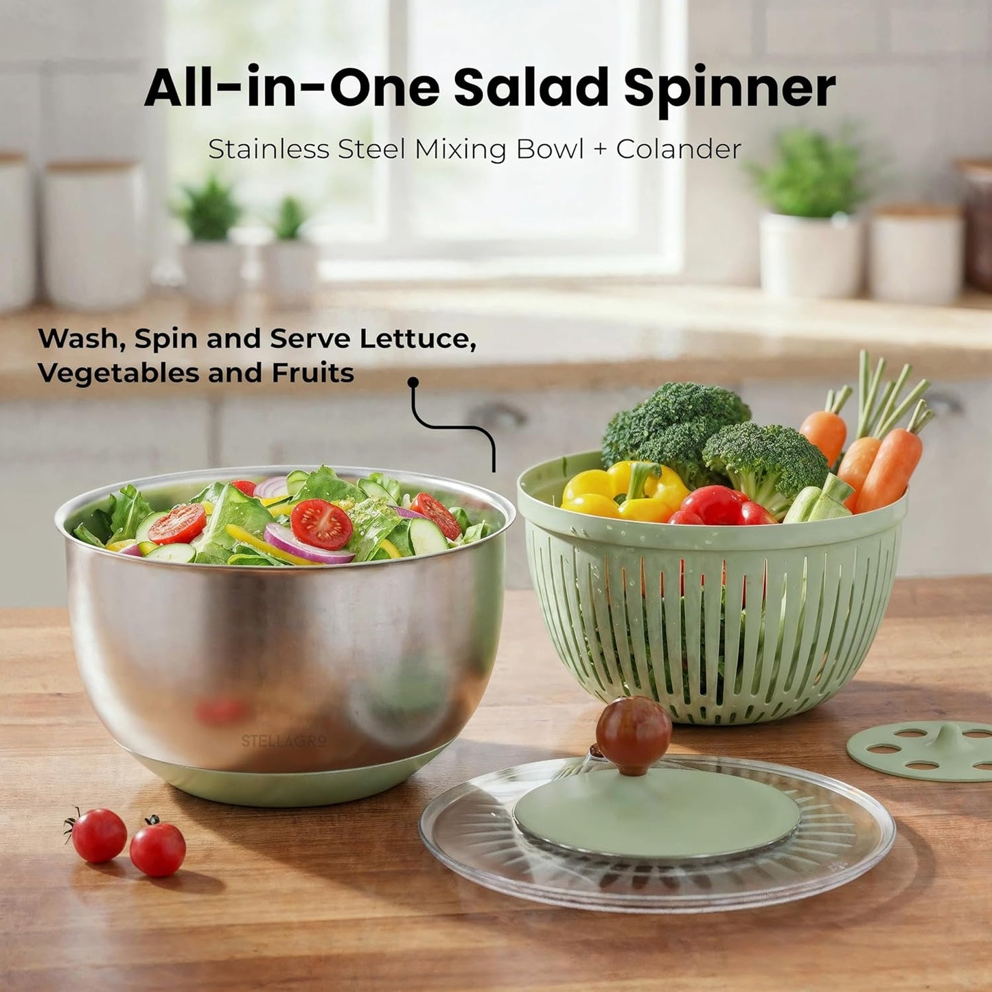 Stainless Steel Salad Spinner - Large 5.3 Quart Lettuce Dryer & Fruit Cleaner with Strainer