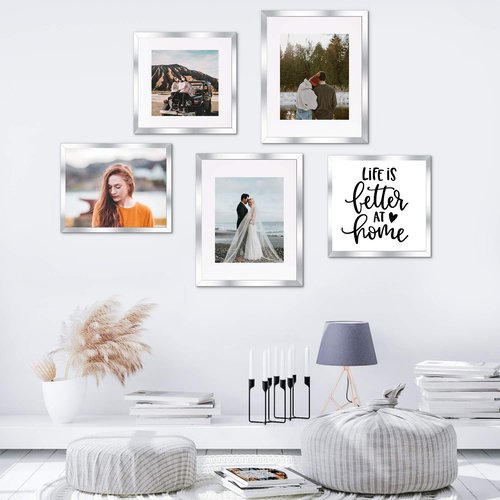 upsimples 8x10 Picture Frame Set of 5, Display Pictures 5x7 with Mat or 8 x 10 Withou, Wall Gallery Photo Frames, Silver