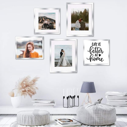 upsimples 8x10 Picture Frame Set of 5, Display Pictures 5x7 with Mat or 8 x 10 Withou, Wall Gallery Photo Frames, Silver