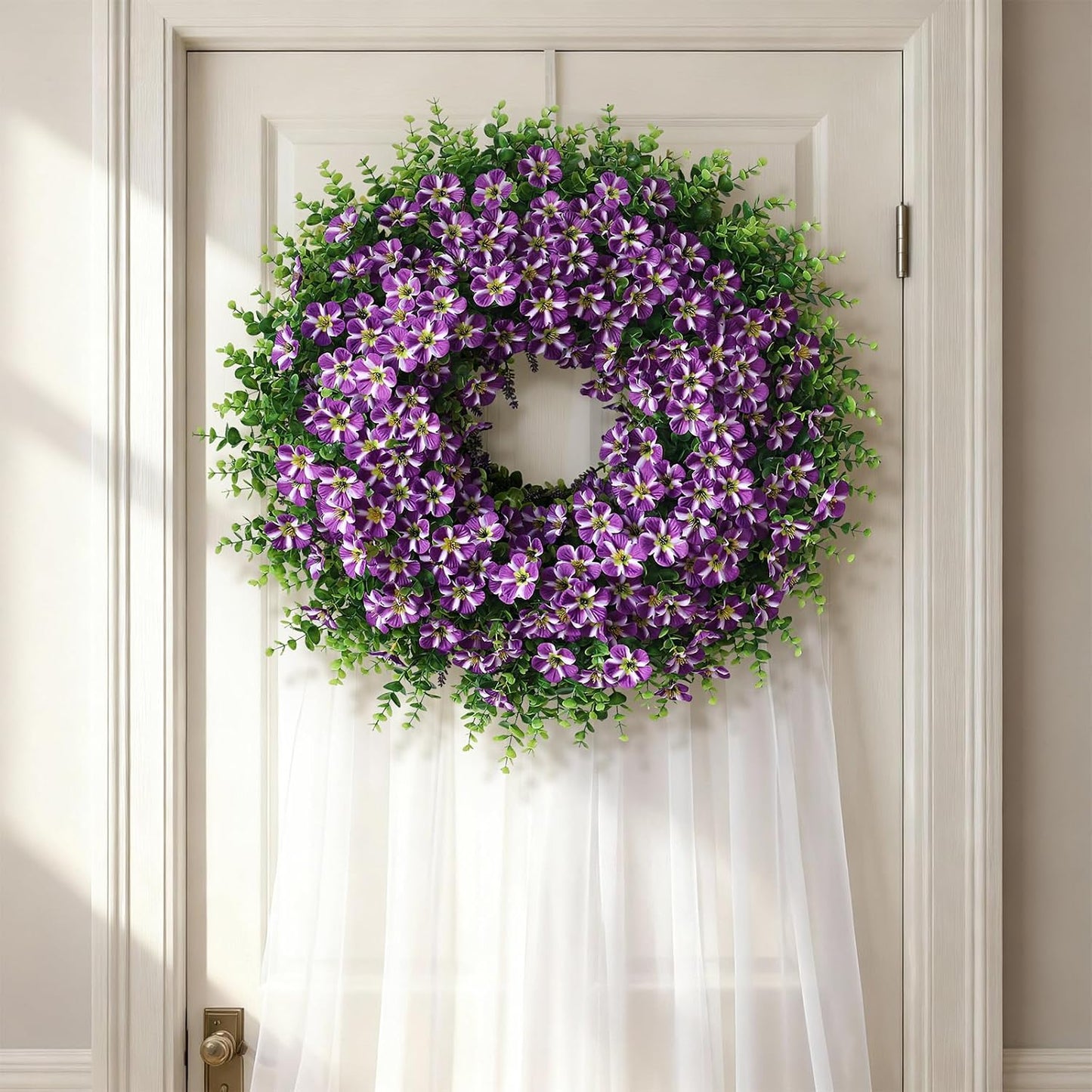 Skiennix 26" Large Artificial Eucalyptus Wreath - Realistic Faux Silk Morning Glory Flowers for Home & Wedding Decor (Purple)