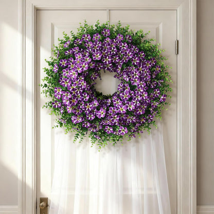 Skiennix 26" Large Artificial Eucalyptus Wreath - Realistic Faux Silk Morning Glory Flowers for Home & Wedding Decor (Purple)