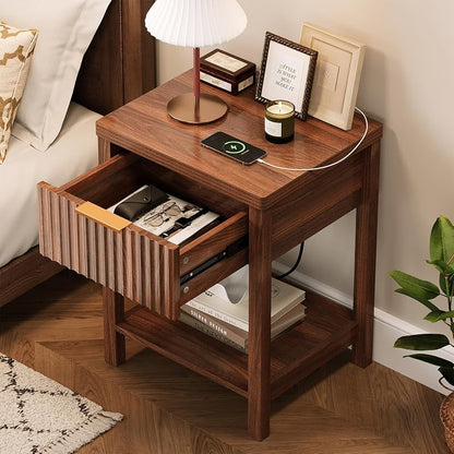 Walnut Fluted Nightstand Set 2 with Storage Drawer, 2 USB & 2 AC Outlets