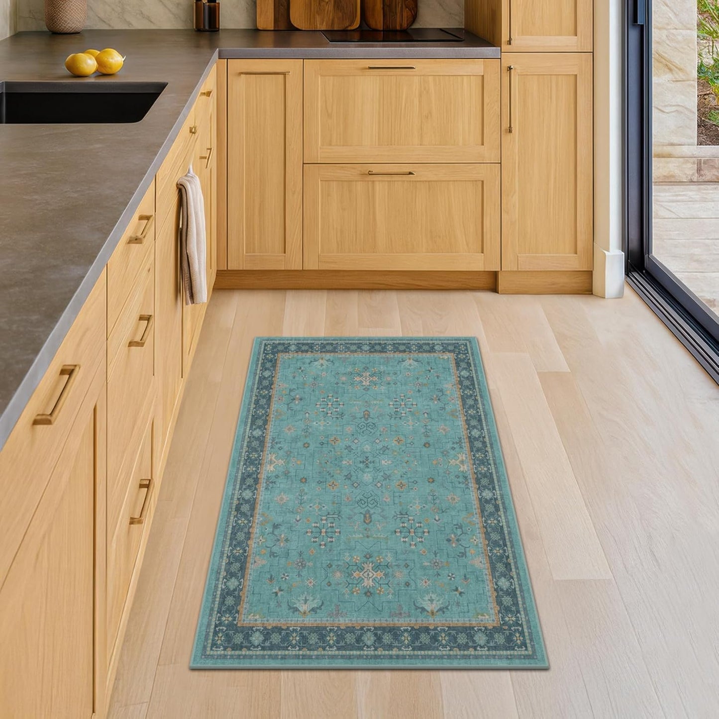 Skiennix 2x4 Washable Teal Throw Rug - Non-Slip Boho Floral Carpet for Entryway & Bathroom