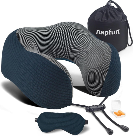 Napfun Neck Pillow - Memory Foam Travel Pillow with Pouch, Sleep Mask & Earplugs | Deep Blue Striped Kit