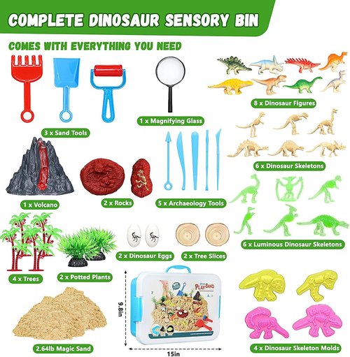 Dinosaur Sensory Bin - Engaging Magic Sand Kit with Dino Figures & Tools | Perfect Gift for Kids 3+