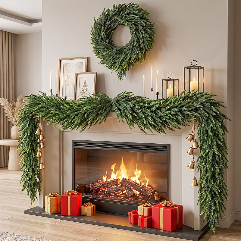 2-Pack 9ft Real Touch Norfolk Pine Garland with Butterfly Bows