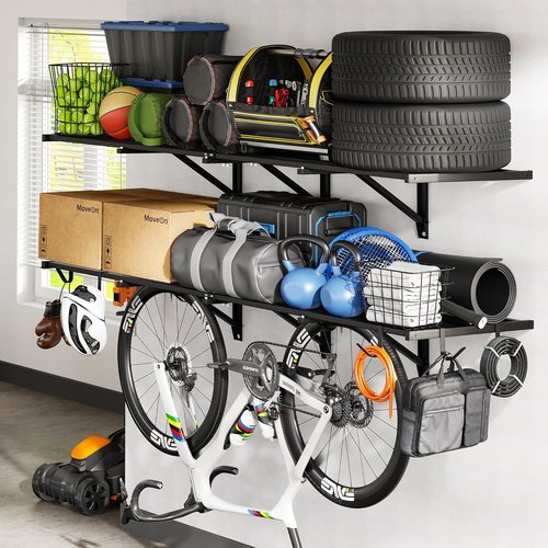 FLEXIMOUNTS Heavy Duty Garage Wall Shelving - 1200lbs Capacity | 2-Pack 2x6ft with 8 Hooks for Tools & Supplies