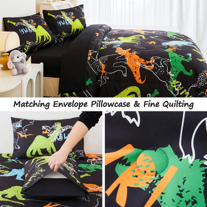 ZSYAYAHA Twin Bed Sets for Kids Dinosaur Boys Bedding Set Black Dinosaur Comforter Set for Girls Teens Soft Lightweight 5 Pieces Bed in A Bag with Sheets(Black, Twin)