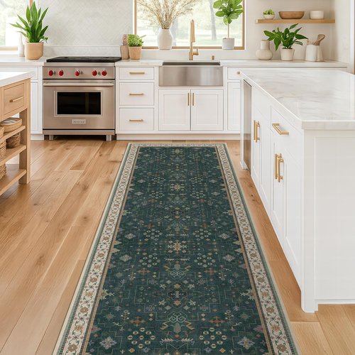 Hazo Haus Vintage 2x7 Washable Runner Rug - Non-Slip, Stain Resistant, Victorian Floral Design | Dark Green