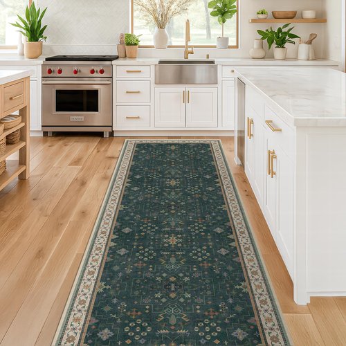 Hazo Haus Dark Green 2x6 Kitchen Rug - Modern Vintage Boho Eclectic Floral with Brown Accent, Washable Low Pile Non-Slip Runner Rugs for Bathroom, Door Mat Indoor Entrance, Hallway, Bedroom, Laundry