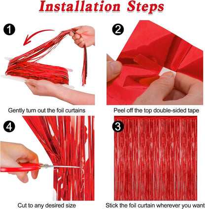 Regine Switzerland Red Backdrop - 4 Pack Metallic Foil Fringe Curtains | 3.28 FT x 7.05 FT Party Decor