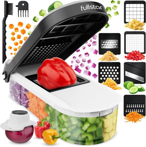 Fullstar Mandoline Slicer - 6-in-1 Vegetable Chopper & Cutter with Container | White/Black Kitchen Essential