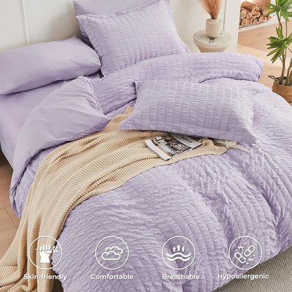 HYMOKEGE Twin XL Comforter Set - Luxury Seersucker 5-Piece Bedding Set in Lavender for All Seasons