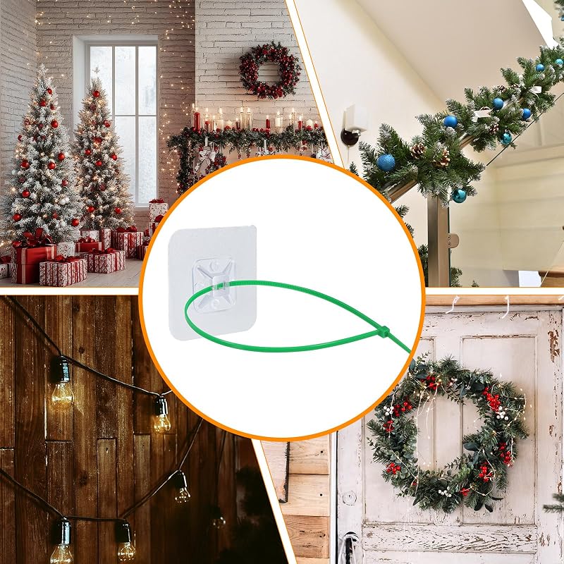 Green 50 Pcs Transparent Zip Tie Mounts & 50 Green Cable Ties for Christmas Garlands
