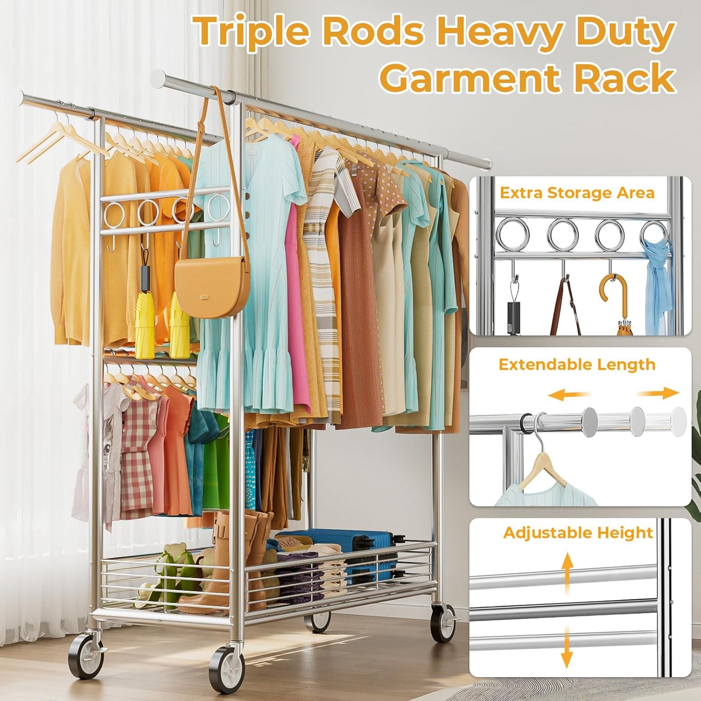 Skiennix Heavy Duty Clothes Rack - 960LBS Capacity, Portable & Adjustable with Sturdy Wheels | Silver