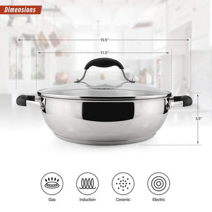 AVACRAFT 18/10 Stainless Steel Everyday Pan with Five-Ply Base, Stir Fry Chef’s Saute Pan with Glass Lid, Multipurpose Stewpot Skillet, Casserole in Pots (11 Inch)