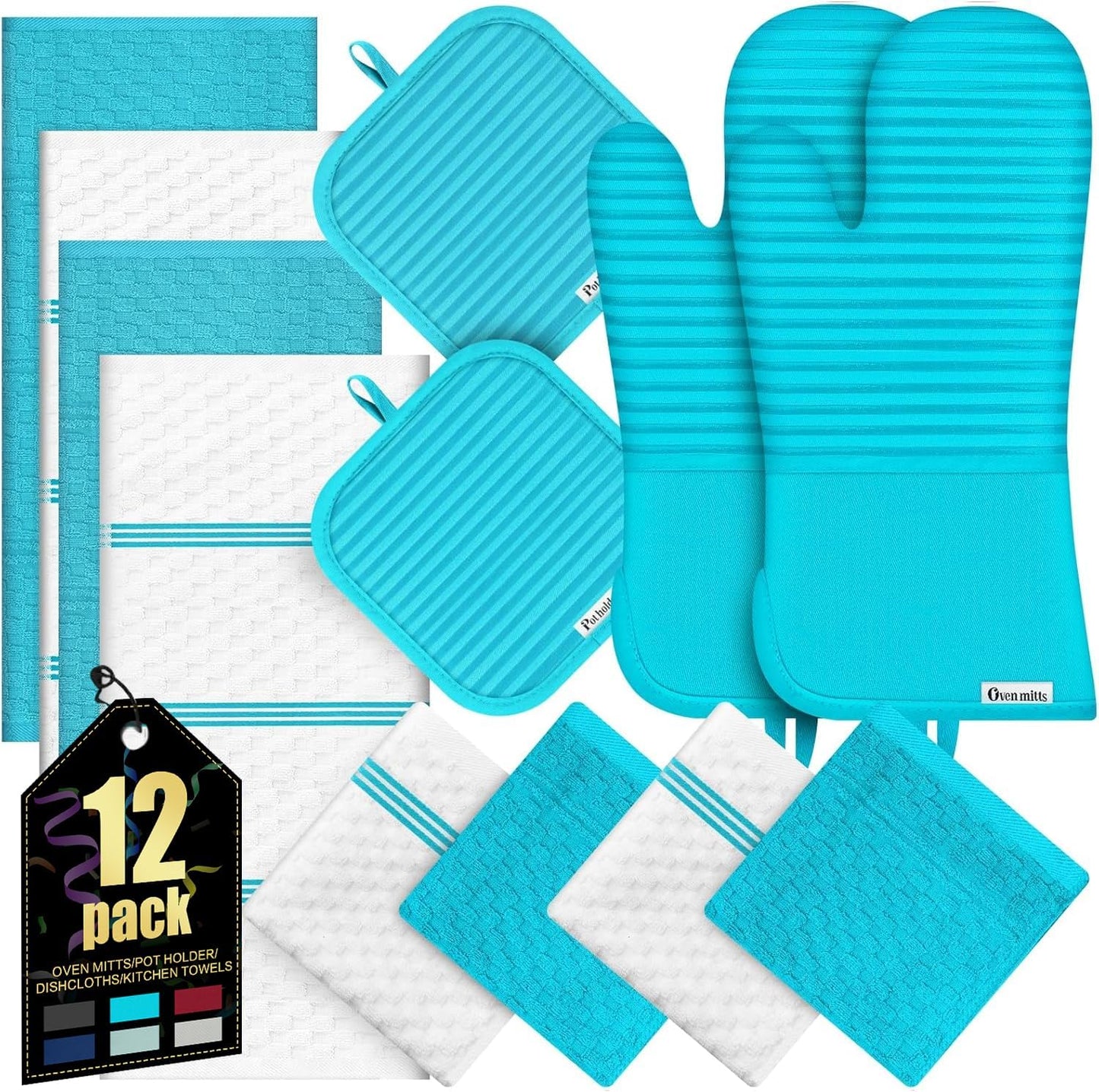 Skiennix Oven Mitts Set - 500°F Heat Resistant with Silicone Grip | Includes 2 Gloves, 2 Potholders & 8 Towels