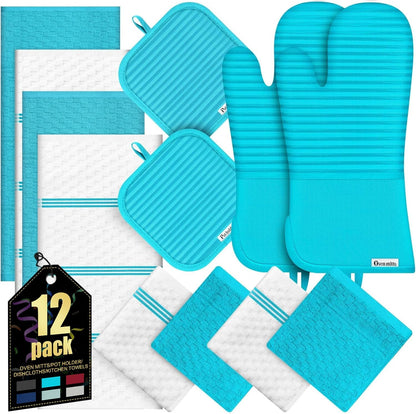 Skiennix Oven Mitts Set - 500°F Heat Resistant with Silicone Grip | Includes 2 Gloves, 2 Potholders & 8 Towels
