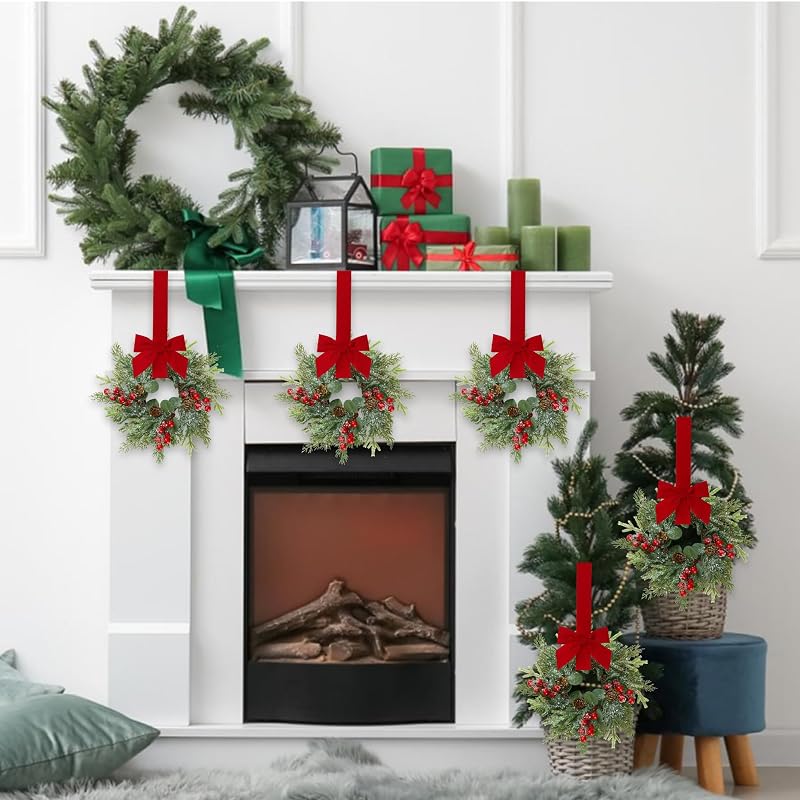 11-Inch 6 Pcs Christmas Candle Rings Norfolk Pine Wreaths with Red Berries and Pinecones