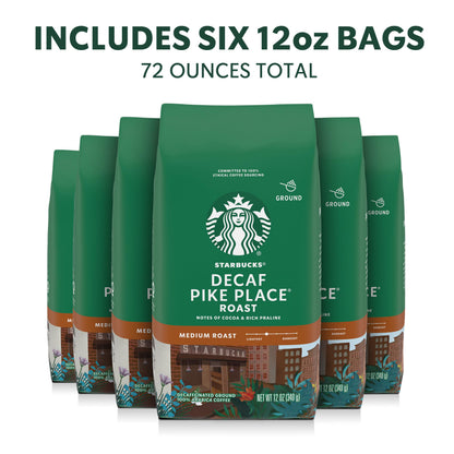 Starbucks Ground Coffee, Medium Roast Hot or Iced Coffee, Decaf Pike Place Roast, Six 12 oz Bags