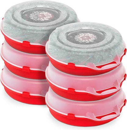 HOMZ 6-Pack Holiday Wreath Storage Organizer - 24 Inch Red & Clear Stackable Containers for Christmas Decor