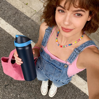 Skiennix 32 Oz Insulated Water Bottle - 2-in-1 Quick Flip Straw & Push Button Lid | Leakproof, Blue