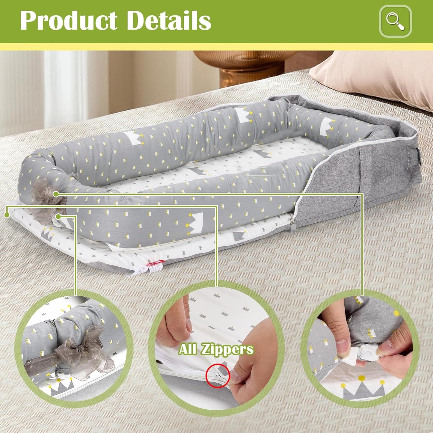 **Baby Lounger | 100% Cotton Breathable Infant Support Cushion - Adjustable Size, Portable for Home & Travel (Crown Grey)**
