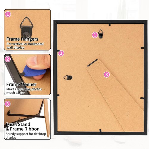 HOMERHYME 8x10 Picture Frame Set of 8 - Black Tabletop & Wall Display Frames | Fits 5x7 with Mat or 8x10 Without