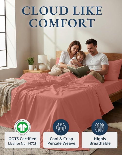 LANE LINEN Twin XL Organic Cotton Sheets Set - Ultra Soft 3-Piece Percale Bedding, Fits Mattresses Up to 15" Deep | Rose Dawn