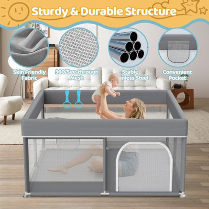 Grey Baby Playpen | 64"x64" Full Cover Anti-Collision Cloth Playard - Modern Infant Activity Center