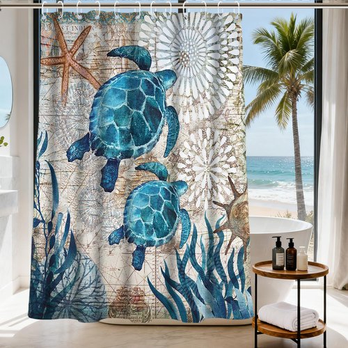 Final Friday Nautical Green Sea Turtles Beach Theme Fabric Shower Curtain Sets Bathroom Blue Ocean Decor with Grommets and Hooks - 72 x 72 Inch Teal