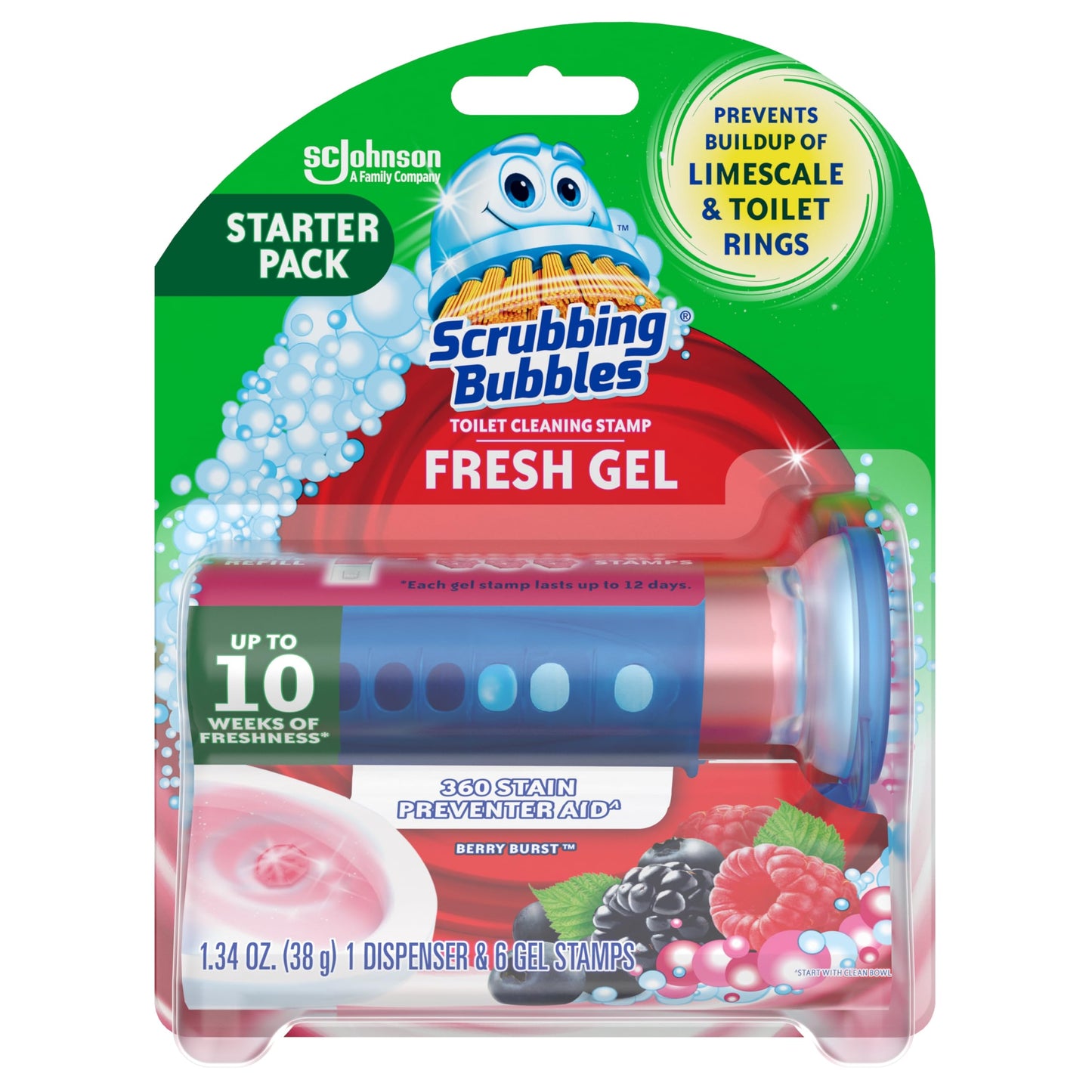 Scrubbing Bubbles Fresh Gel Toilet Bowl Cleaning Stamps, Helps Keep Toilet Clean and Helps Prevent Limescale & Rings, Berry Burst Scent, 1 Dispenser with 6 Fresh Gel Stamps