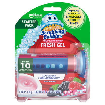 Scrubbing Bubbles Fresh Gel Toilet Bowl Cleaning Stamps, Helps Keep Toilet Clean and Helps Prevent Limescale & Rings, Berry Burst Scent, 1 Dispenser with 6 Fresh Gel Stamps
