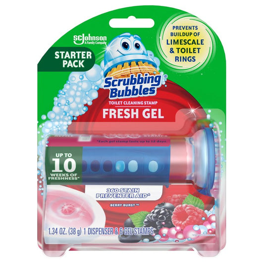 Scrubbing Bubbles Fresh Gel Toilet Bowl Cleaning Stamps, Helps Keep Toilet Clean and Helps Prevent Limescale & Rings, Berry Burst Scent, 1 Dispenser with 6 Fresh Gel Stamps