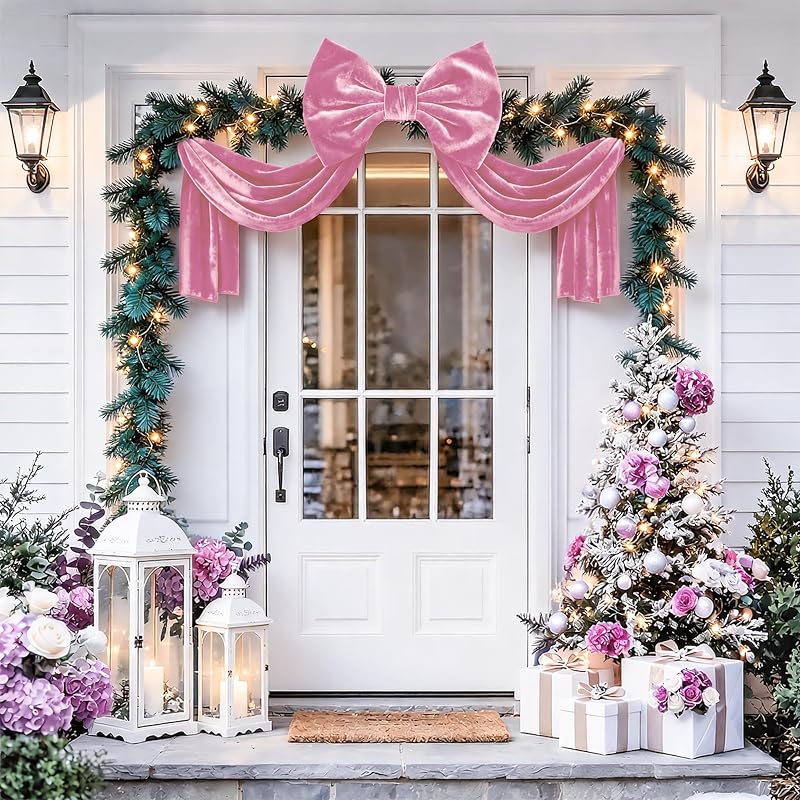 Pink Velvet Christmas Tree Topper Bow - 16x52in, Built-In Shaping, Large Decor Bow