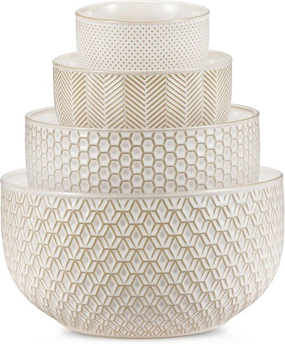 KooK Ceramic Mixing Bowls - Nesting Set of 4 | Embossed Kitchen Dishware, Microwave & Dishwasher Safe, Ivory
