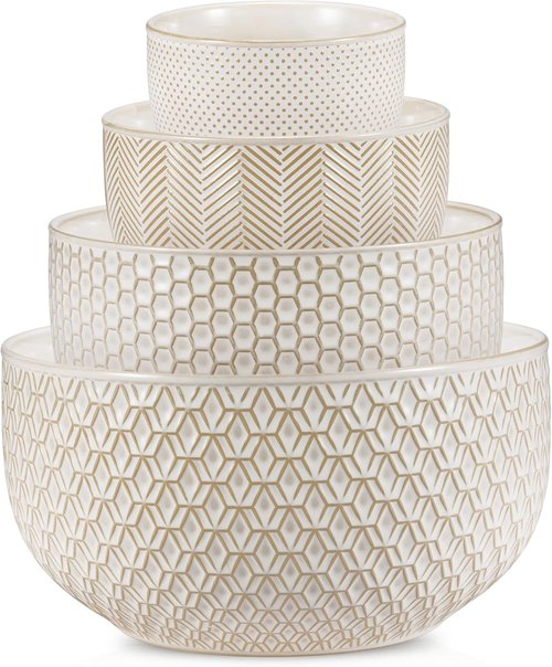 KooK Ceramic Mixing Bowls - Nesting Set of 4 | Embossed Kitchen Dishware, Microwave & Dishwasher Safe, Ivory