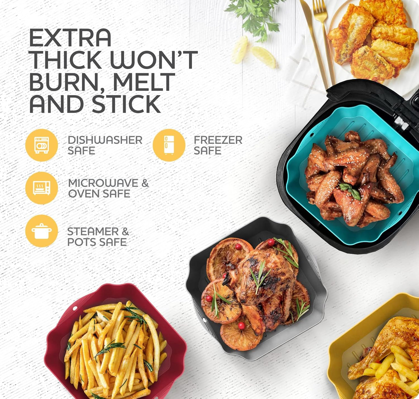 Zip Standing Reusable Silicone Air Fryer Liners - 7.5" Square for 4-7QT Air Fryers | Easy to Clean & Durable