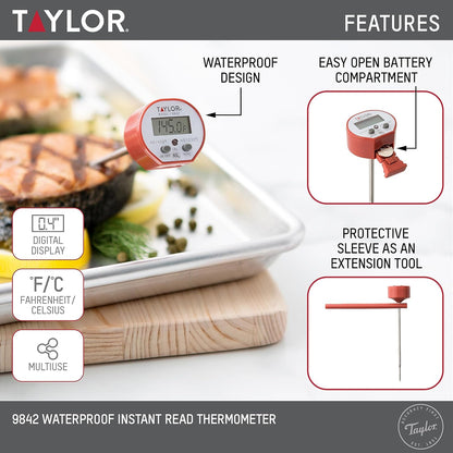 Taylor Waterproof Digital Instant Read Thermometer - Perfect for Cooking, BBQ, and Grilling | Red with Pocket Sleeve Clip
