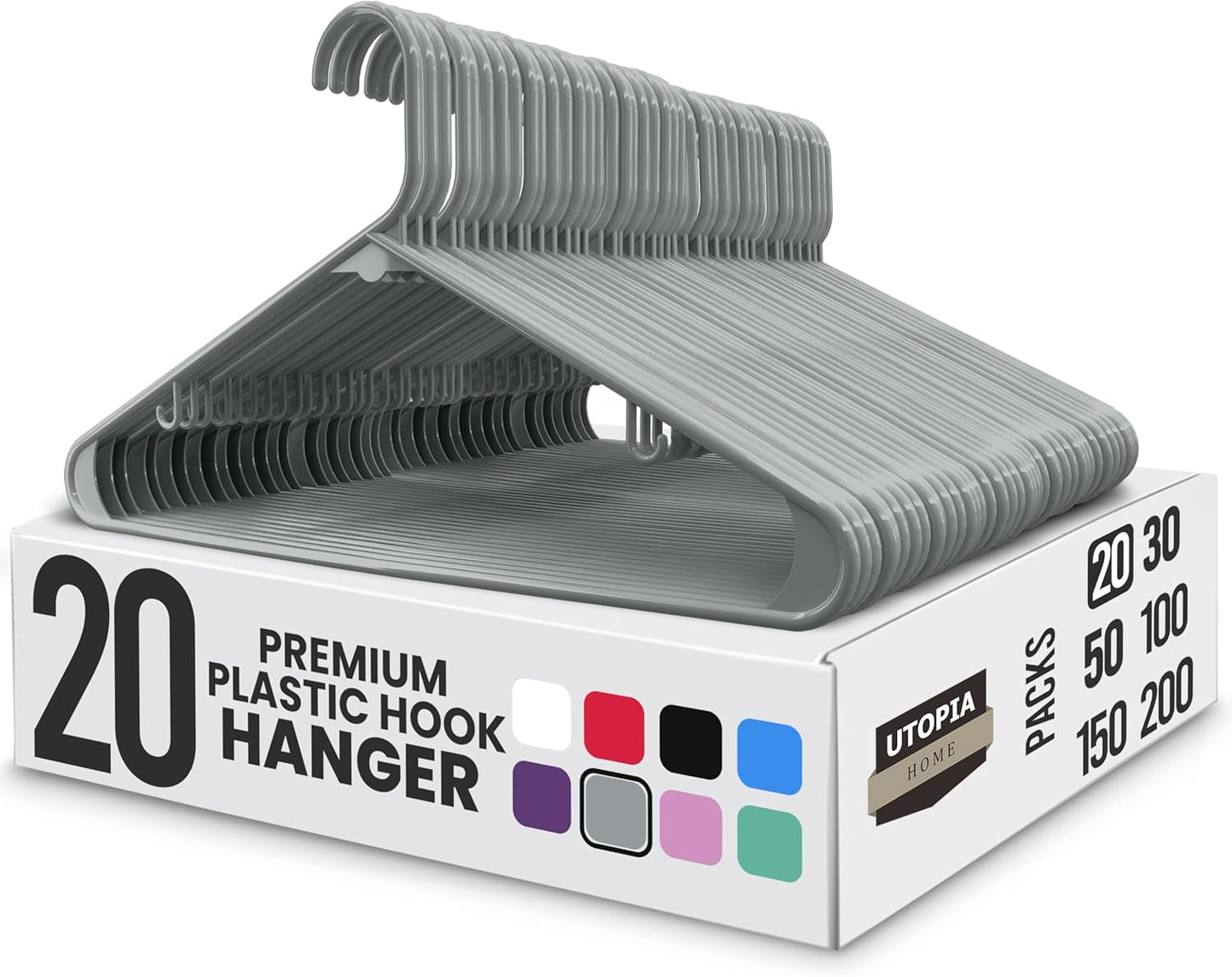 Utopia Home Plastic Hangers - Durable Space-Saving Closet Organizers - 20 Pack in Grey for Shirts, Pants & Coats